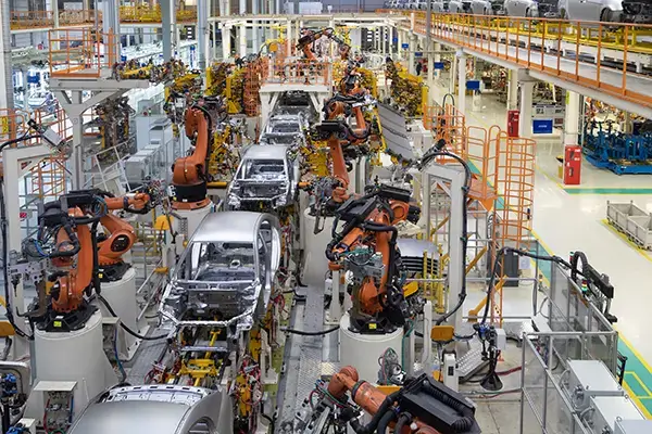 body of car on conveyor top view. Modern Assembly of cars at the plant. The automated build process of the car body