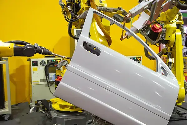 Robot arm demonstrate spot welding car door. Smart industrial manufacturing in automotive factory.